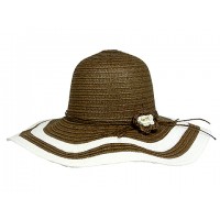 Wide Brim Hats – 12 PCS  - 2 Tones w/ Flower - Brown - HT-H2270BN